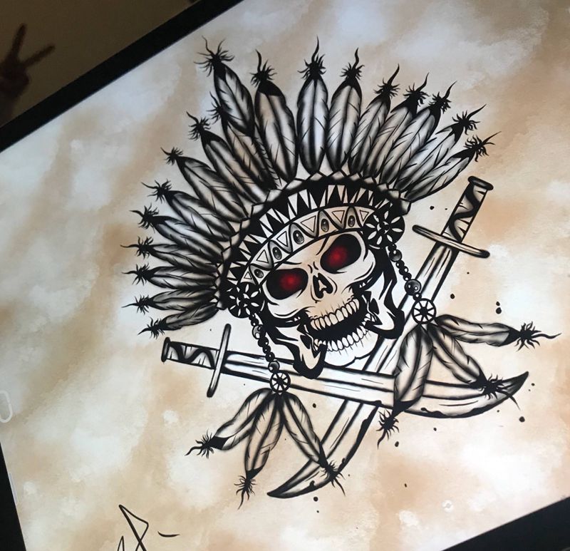印第安人骷髅像纹身图片_手稿欧美原创纹身图案