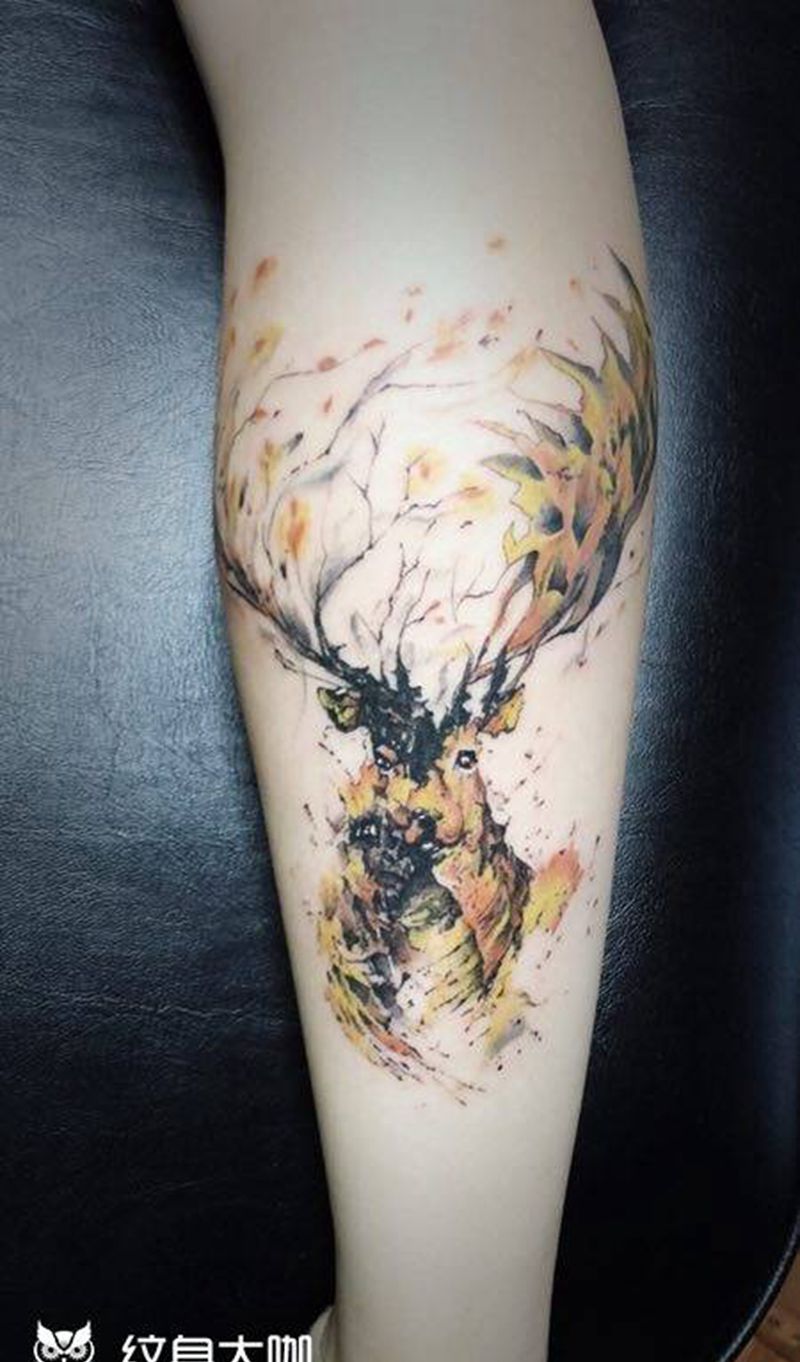 鹿纹身图片_成品腿部欧美传统国画清新动物原创纹身图案