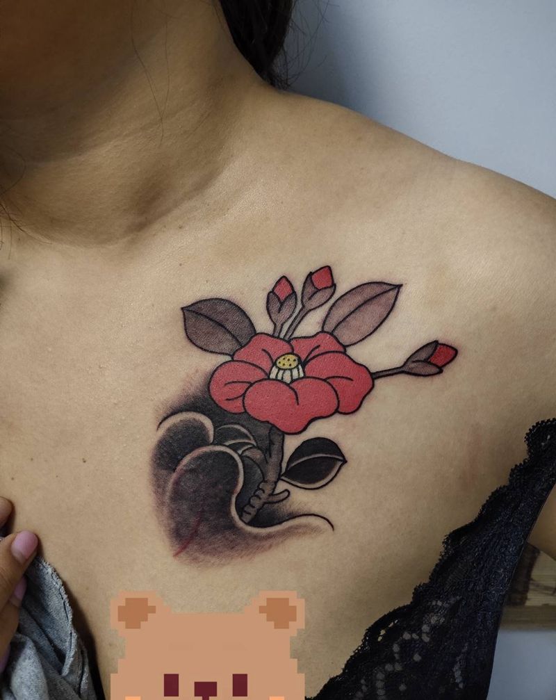 扶桑花纹身图片_胸部肩部老传统Old School纹身图案