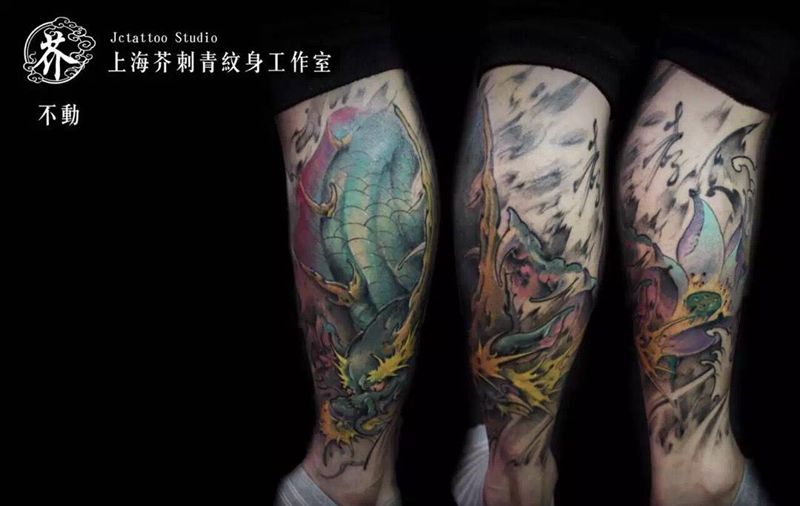 去年的敖鱼纹身图片_手稿成品腿部国画习俗传统原创鬼神动物宗教纹身图案