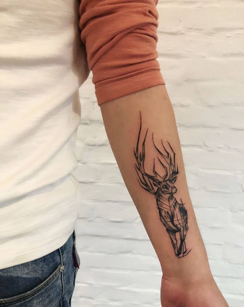 鹿纹身图片_成品手臂清新几何动物纹身图案