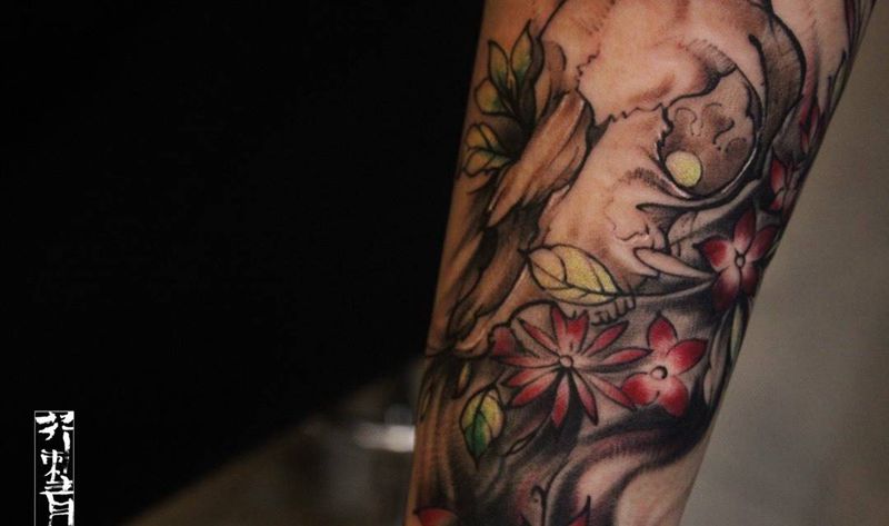 遮盖 摩羯头骨纹身图片_手稿成品手臂写实欧美原创动物宗教纹身图案