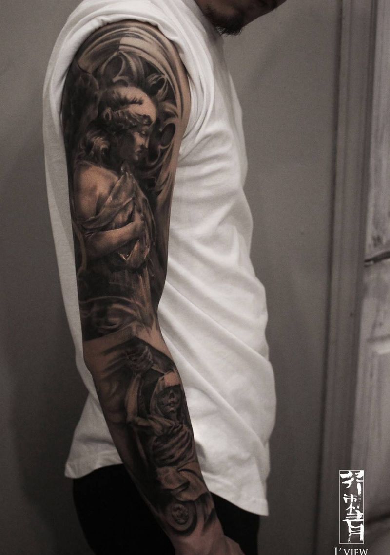 素描完结纹身图片_手稿成品手臂肖像欧美原创鬼神宗教人物写实纹身图案