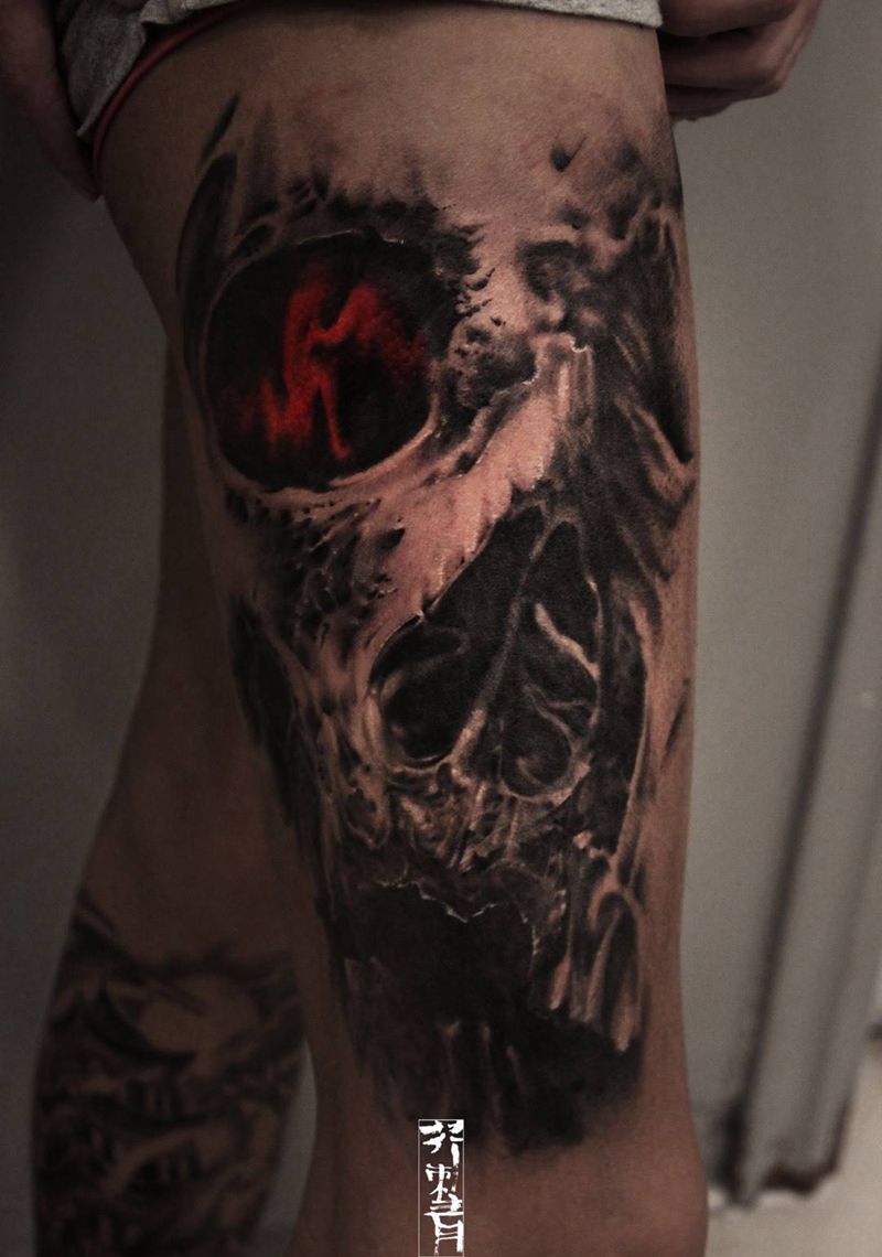 骷髅纹身图片_手稿成品腿部手臂欧美写实原创人物宗教纹身图案