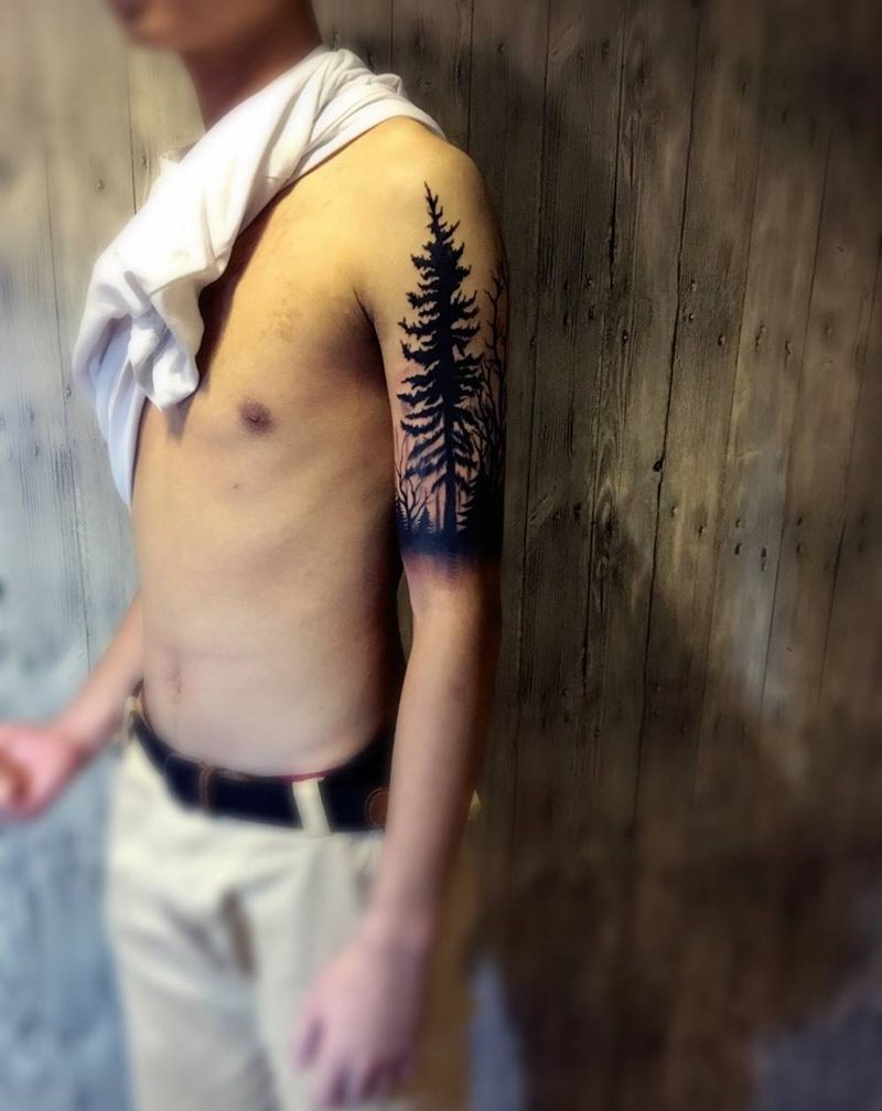 原创森林纹身图片_成品手臂肩部欧美写实静物植物纹身图案