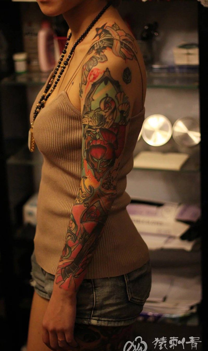 school 花臂纹身图片_成品手臂肩部胸部欧美清新写实动物人物植物纹身图案