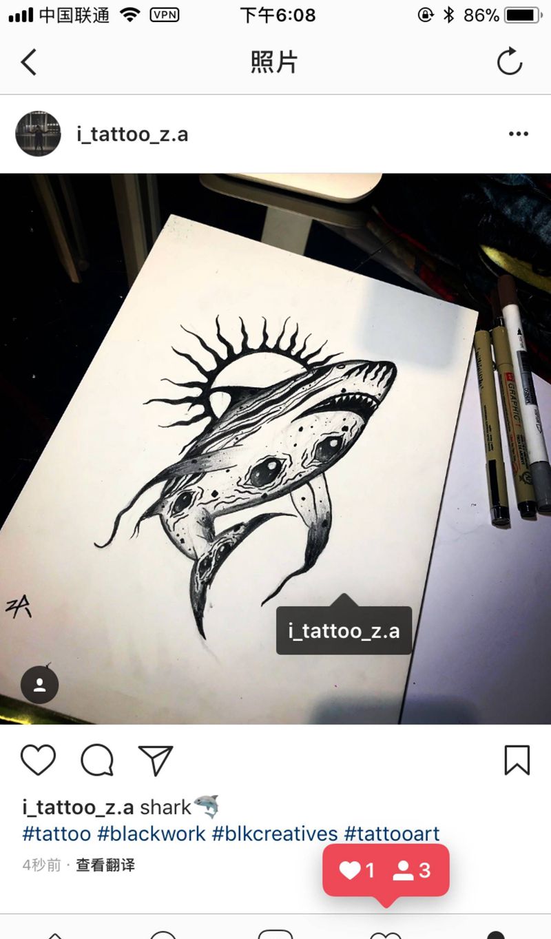 鲨鱼纹身图片_手稿欧美动物原创纹身图案