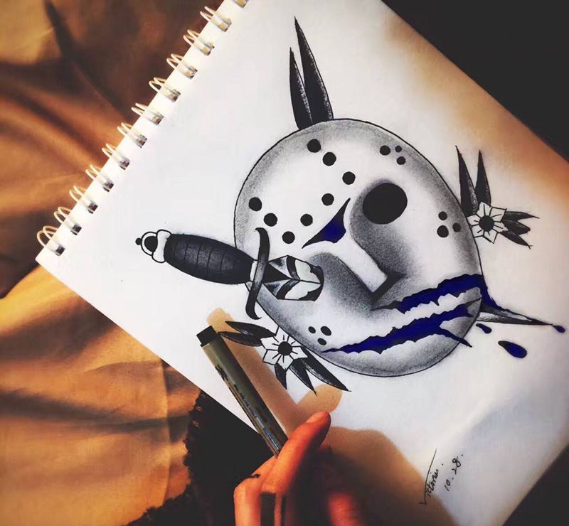 面具手稿纹身图片_手稿插画纹身图案