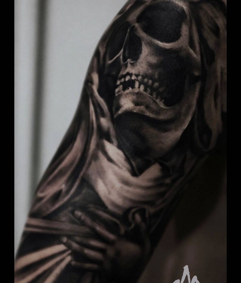 进度纹身图片_手稿成品手臂写实肖像欧美原创人物鬼神宗教纹身图案