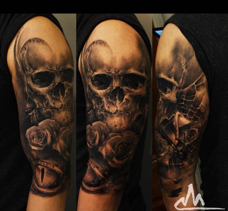 进度 骷髅纹身图片_手稿成品腿部欧美写实肖像原创人物宗教静物纹身图案