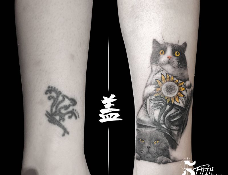 脚踝 遮盖 猫纹身图片_腿部脚部New School欧美写实猫向日葵遮盖纹身图案