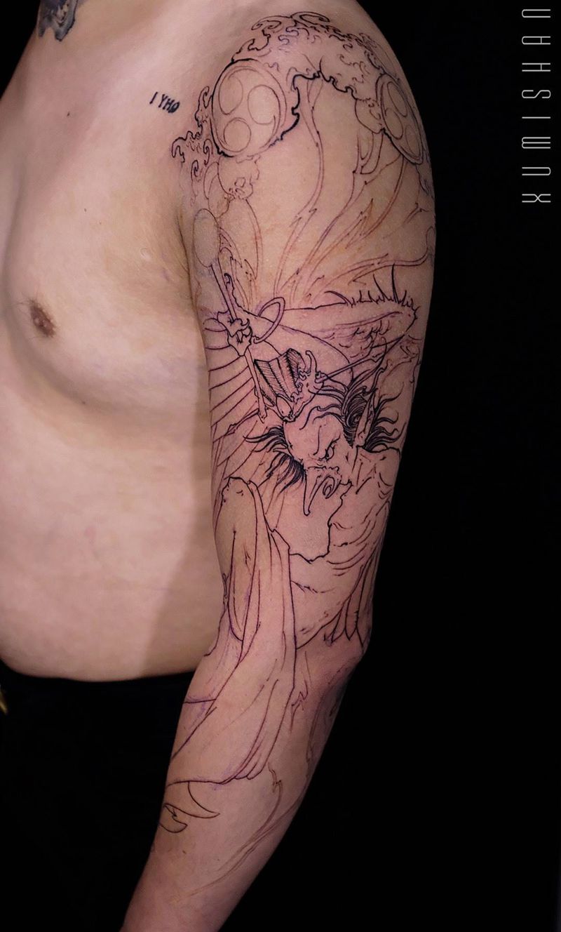 “雷公鼓腹”纹身图片_手臂新传统老传统纹身图案