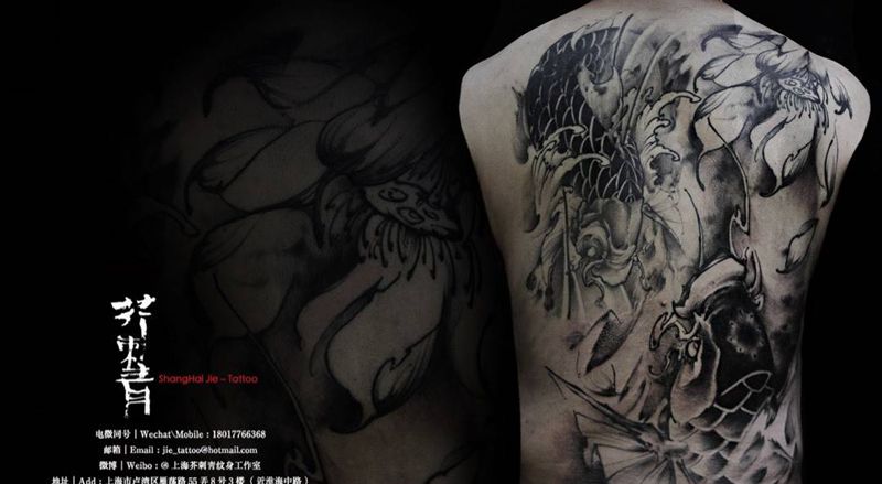 墨意幽鱼。纹身图片_成品手稿腰部背部国画传统习俗原创动物宗教纹身图案