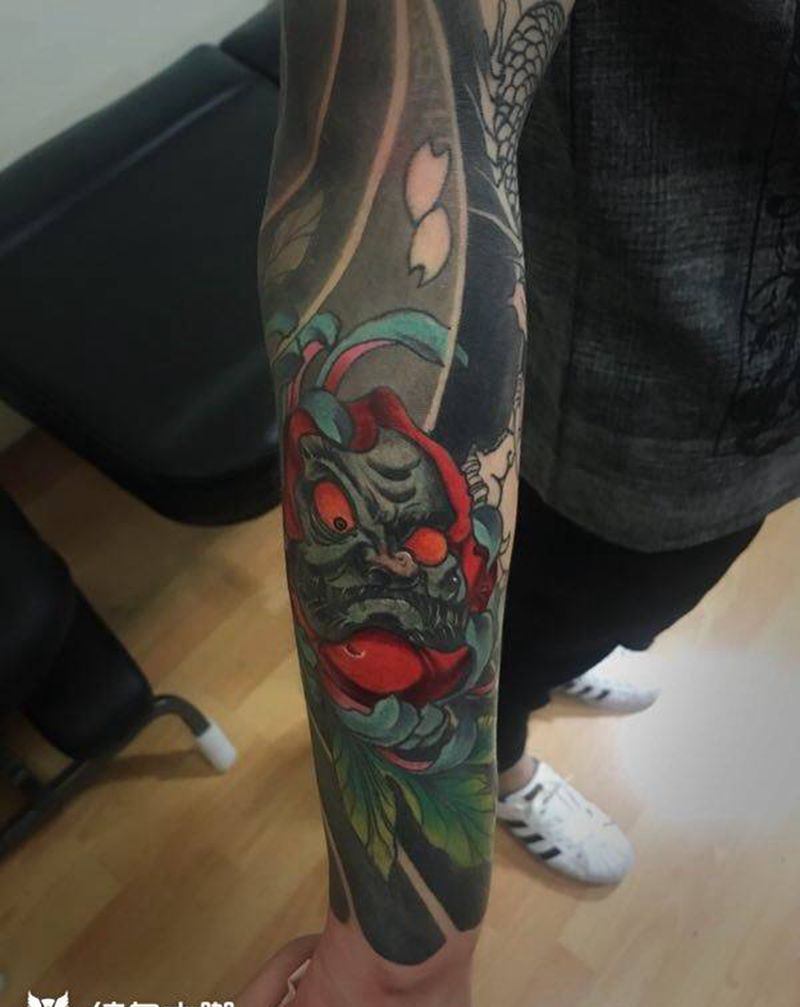 彩色包小臂！未完成纹身图片_插画传统鬼神宗教图腾动物纹身图案