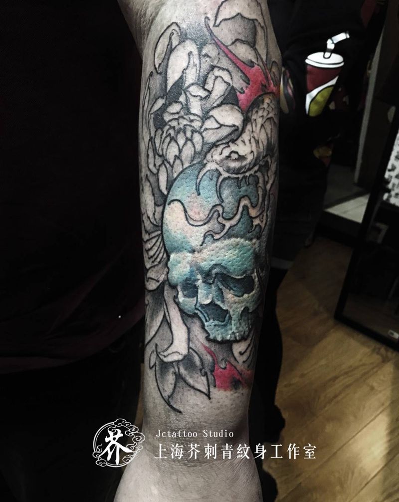 半程纹身图片_手稿手臂传统习俗植物鬼神宗教原创纹身图案