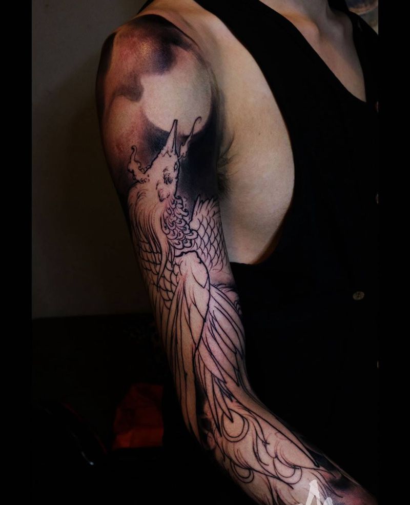 凤凰 黑灰部分进度纹身图片_手稿成品手臂腿部国画习俗传统原创鬼神动物纹身图案