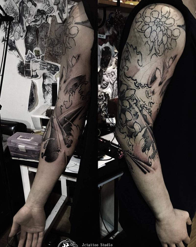 浪花 全臂 全彩50%纹身图片_手稿成品手臂传统国画习俗写实静物原创植物纹身图案