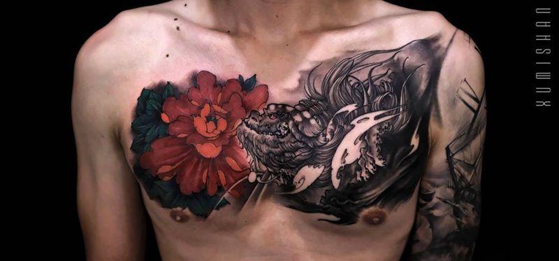 唐狮_胸花纹身图片_胸部新传统老传统唐狮牡丹纹身图案