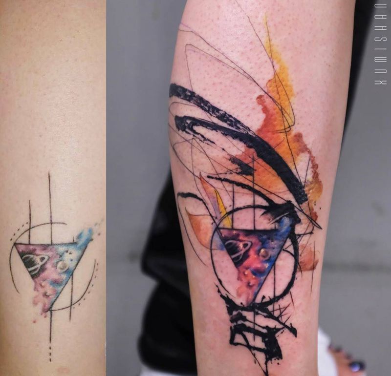 修改添加_抽象设计纹身图片_腿部几何水墨纹身图案