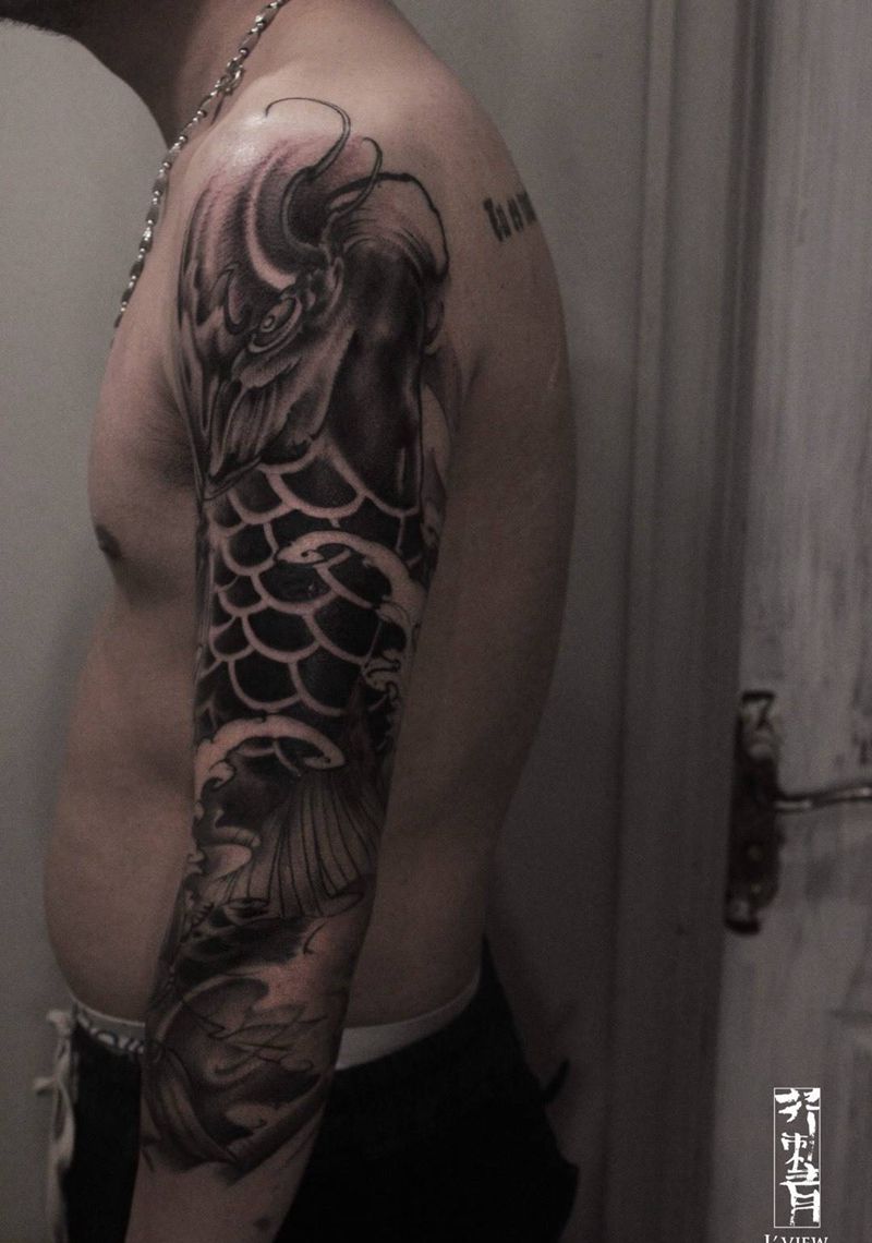 黑鲤纹身图片_手稿成品手臂国画传统习俗原创动物腿部纹身图案