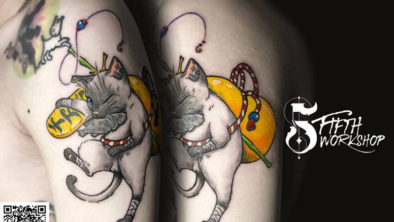 暹罗招财猫纹身图片_手臂New School招财猫猫暹罗纹身图案