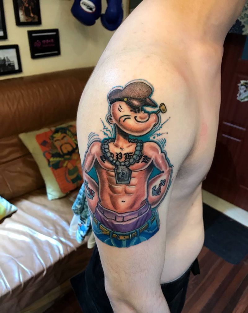 大力水手纹身图片_成品肩部手臂清新欧美人物猿刺青肖像纹身图案
