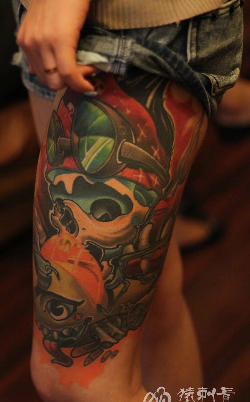 new school纹身图片_成品插画腿部欧美清新写实静物纹身图案