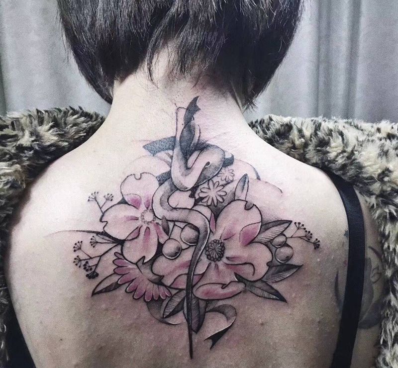 花纹身图片_背部成品欧美清新国画植物静物原创纹身图案