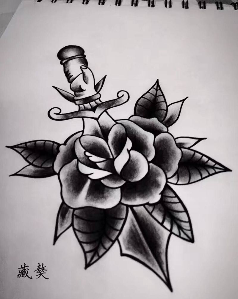 school 花纹身图片_手稿插画欧美植物原创纹身图案