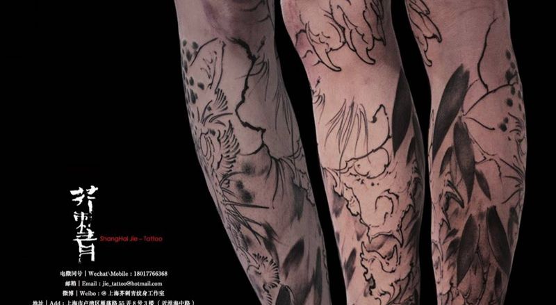 整腿般若•豹纹身图片_成品手稿腿部国画传统原创动物鬼神纹身图案
