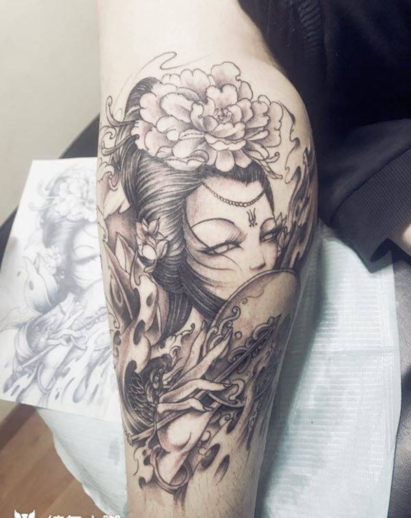 艺伎！未完成纹身图片_成品腿部传统人物纹身图案