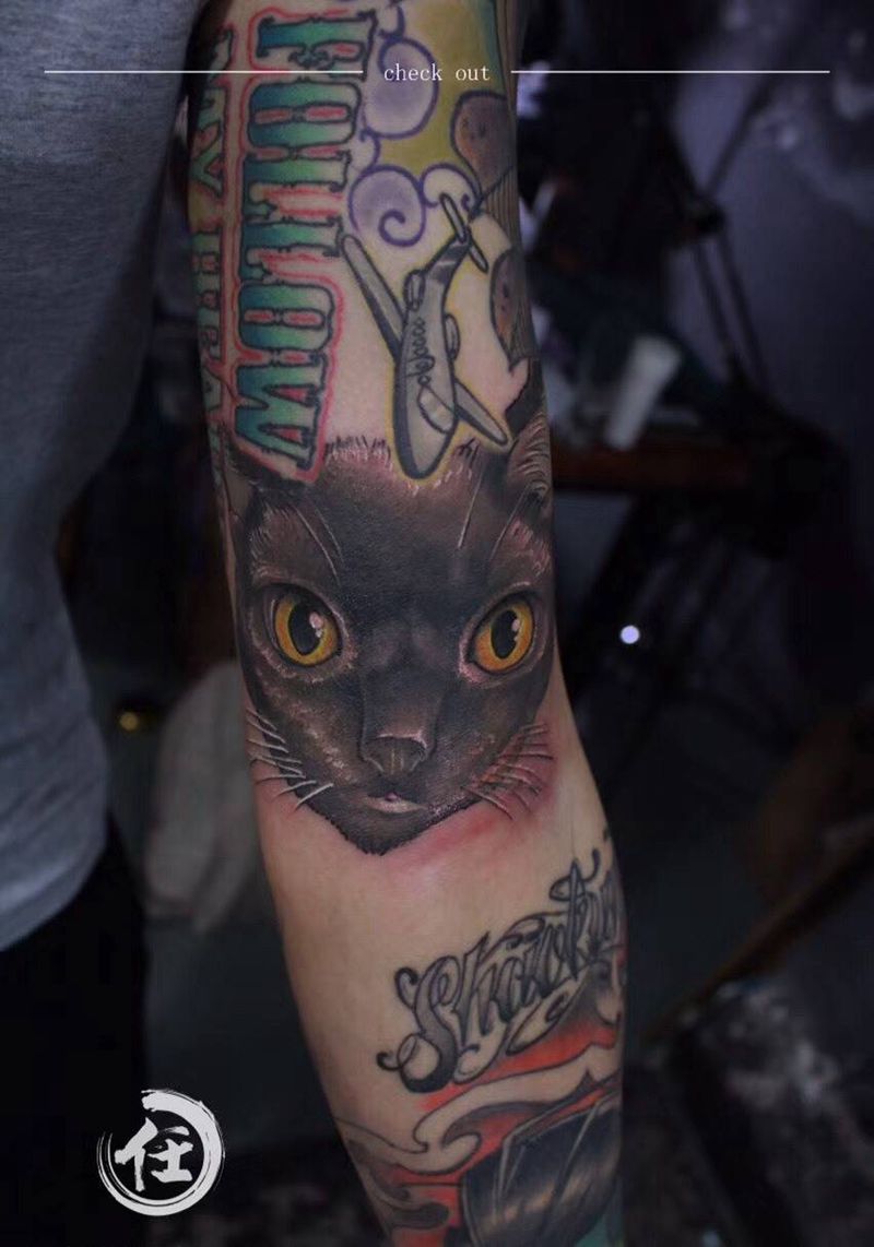 小黑～喵纹身图片_成品手臂动物原创写实欧美清新手稿纹身图案