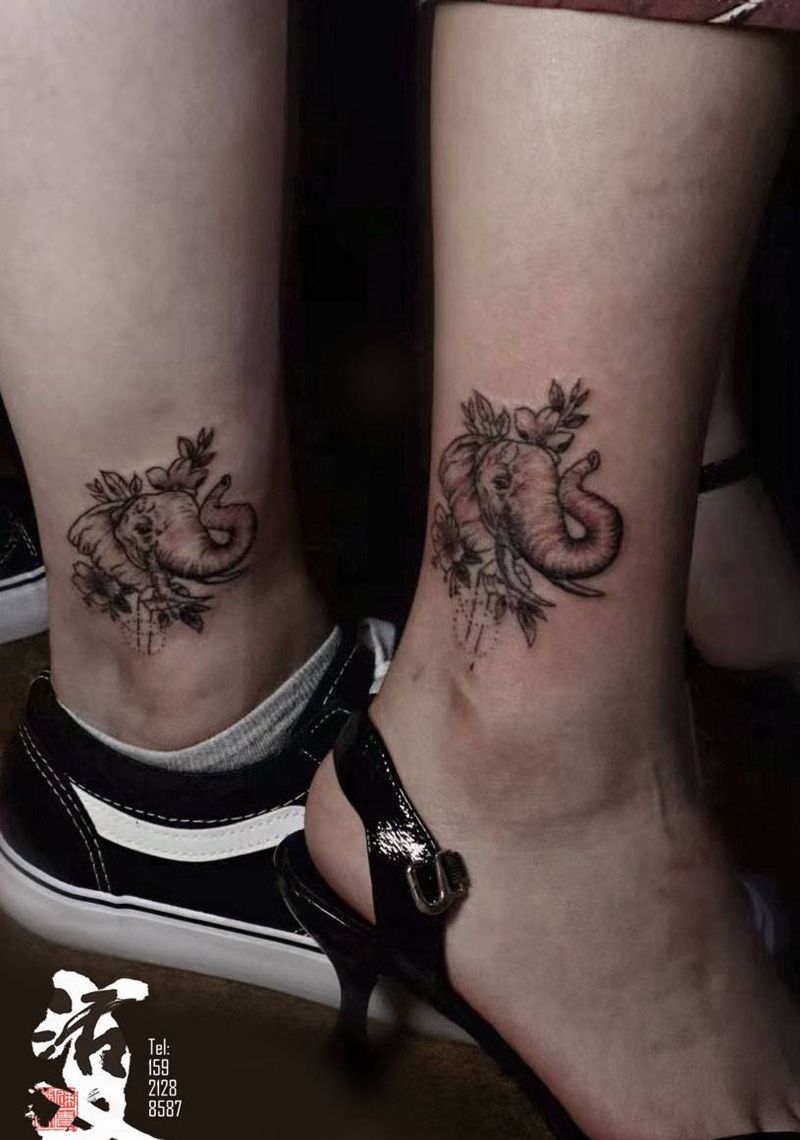 情侣小象纹身纹身图片_腿部New School小象情侣纹身图案