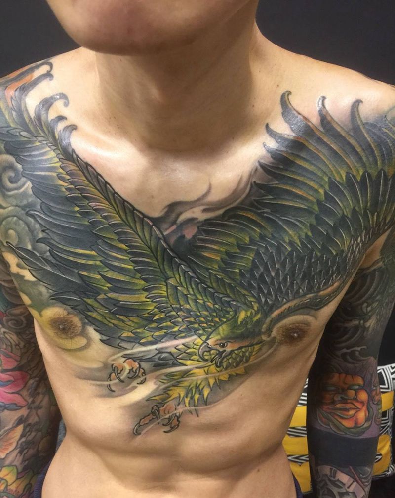 遮盖前胸＆手臂纹身图片_成品颈部胸部手臂欧美写实传统几何植物原创纹身图案