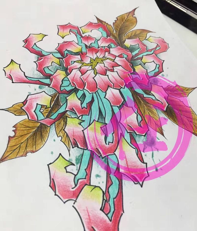 菊花手稿、小莫稿纹身图片_手稿颈部肩部腰部背部传统清新国画植物原创纹身图案