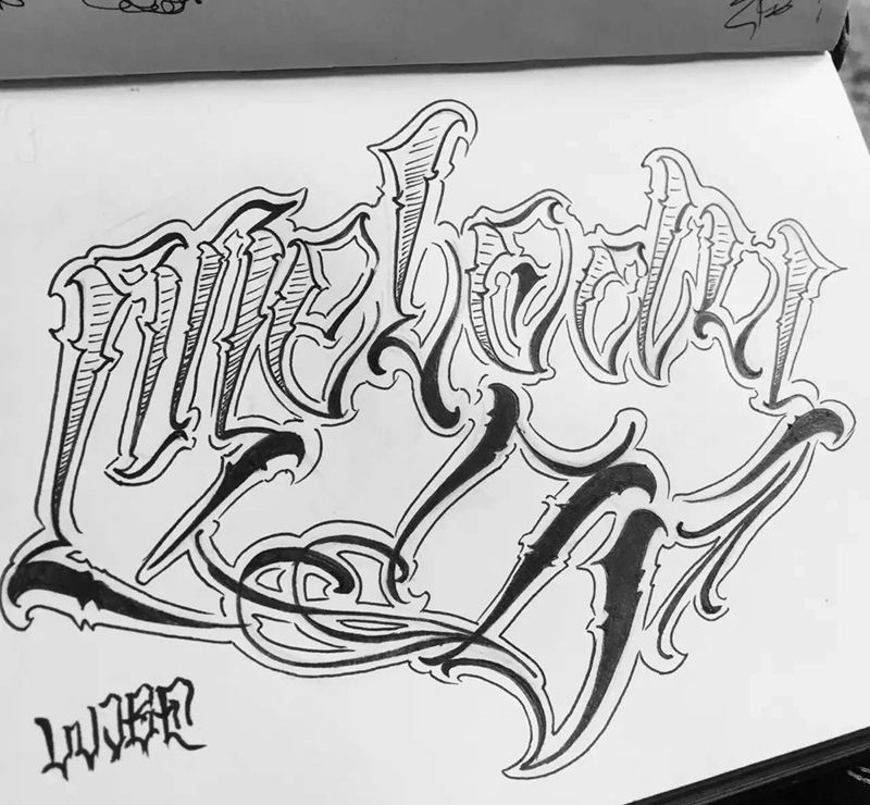 其卡诺大花体字纹身图片_手稿颈部肩部手臂腰部欧美字符原创清新习俗纹身图案