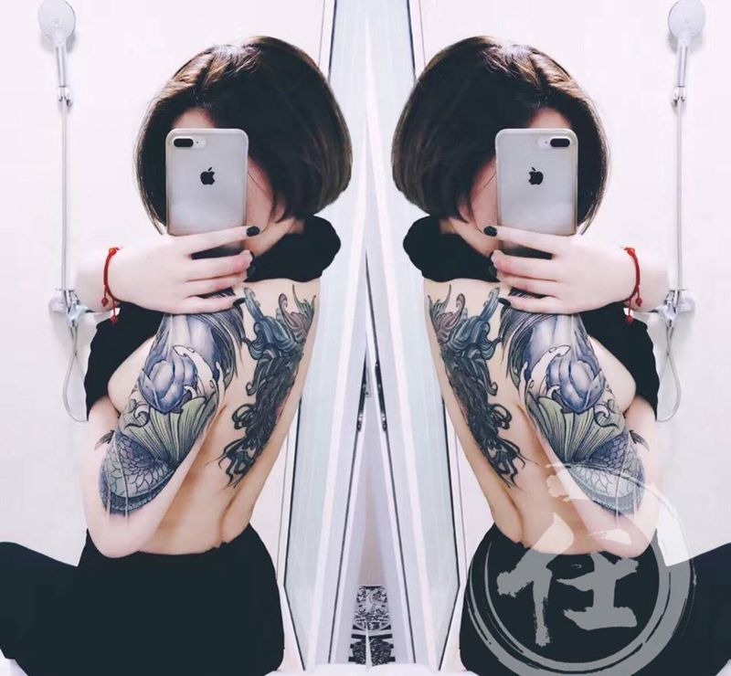 女神买家秀纹身图片_成品肩部背部手臂原创传统国画清新动物腰部纹身图案