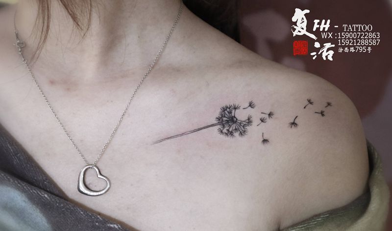 蒲公英的约定纹身图片_肩部小清新性感蒲公英纹身图案