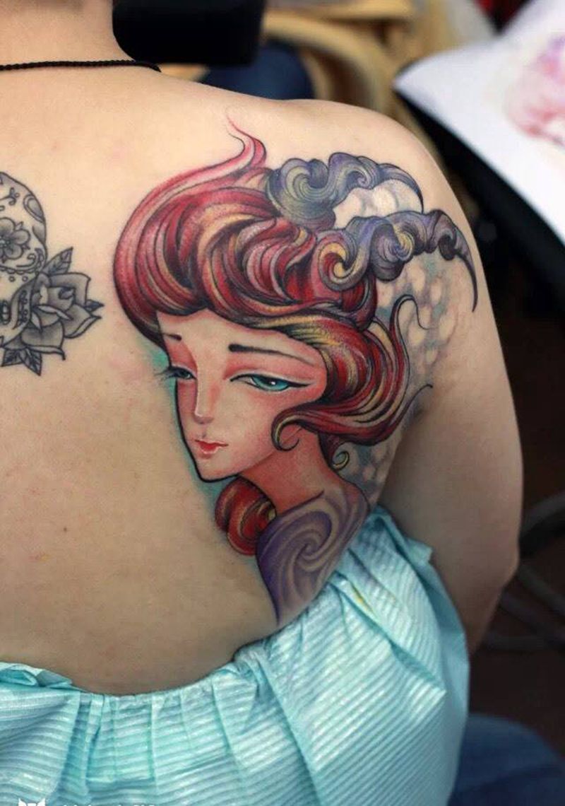 魔羯女纹身图片_欧美肖像成品背部人物情侣清新肩部宗教习俗纹身图案