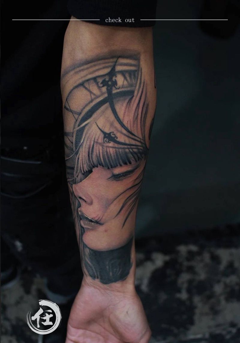 时光之女恢复后纹身图片_成品手臂欧美肖像人物原创情侣手部腿部肩部纹身图案