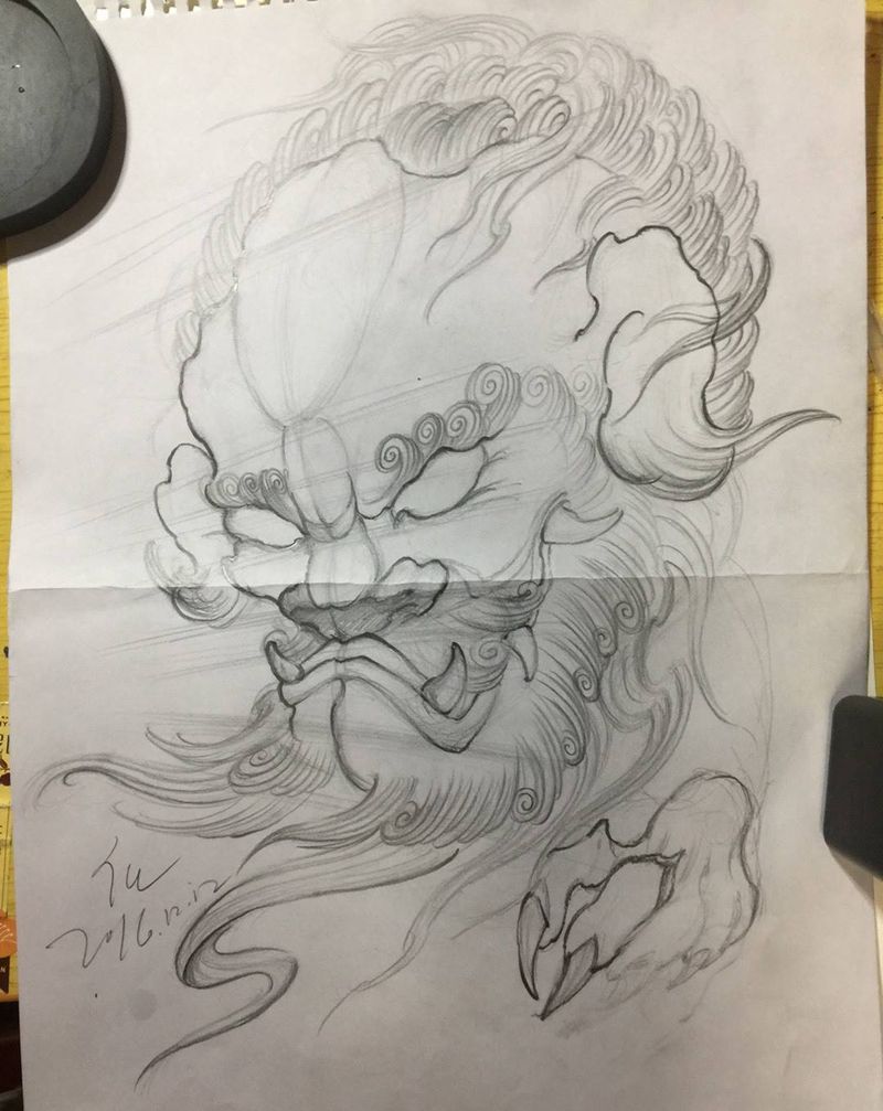 唐狮手稿纹身图片_手稿肩部手臂腿部背部传统国画动物原创习俗纹身图案