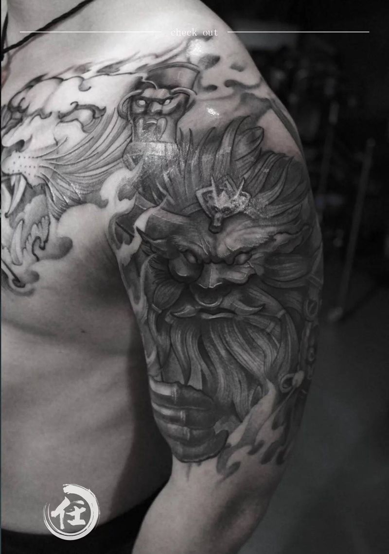 牛魔王Vs云中虎纹身图片_成品肩部胸部手臂传统国画人物鬼神动物原创纹身图案