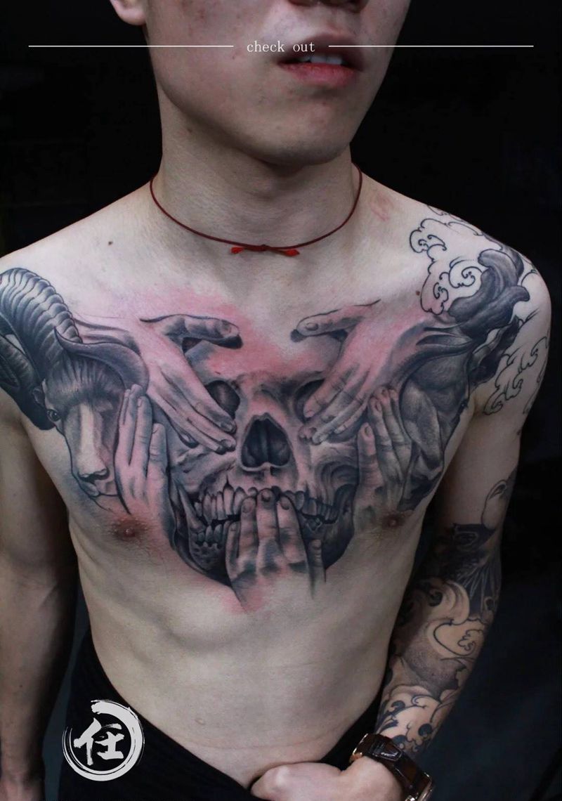 骷髅鹿羊胸花纹身图片_成品胸部腹部背部腰部欧美写实原创动物人物纹身图案