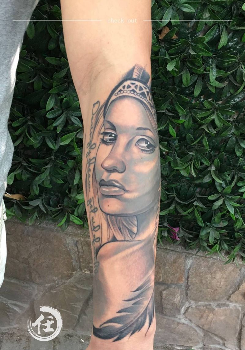 印第安大美妞纹身图片_成品手稿手臂手部欧美肖像写实人物宗教原创纹身图案