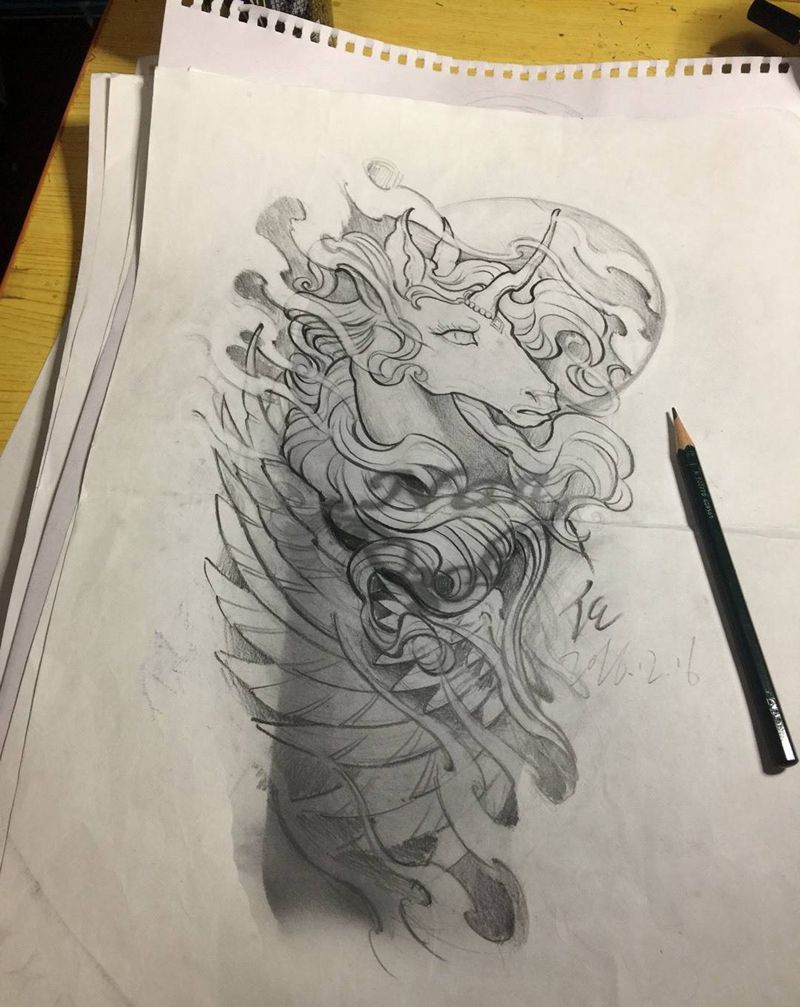独角兽遮盖旧图设计纹身图片_手稿肩部手臂腿部传统清新国画原创动物鬼神纹身图案
