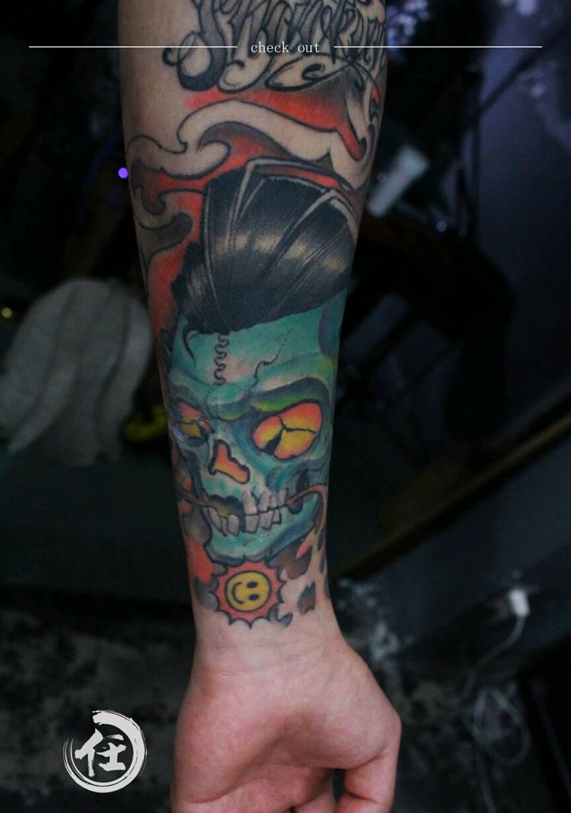 一年前的骷髅纹身图片_手臂欧美鬼神成品纹身图案