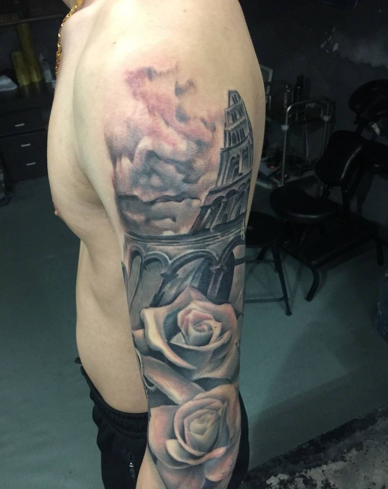 万丈高楼平地起纹身图片_成品手臂肩部欧美写实植物宗教腿部原创纹身图案