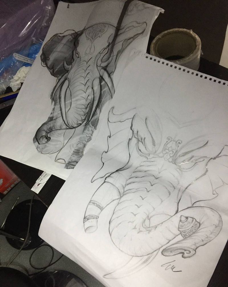 象神、神象手稿纹身图片_手稿手臂背部传统国画原创动物鬼神习俗腿部纹身图案