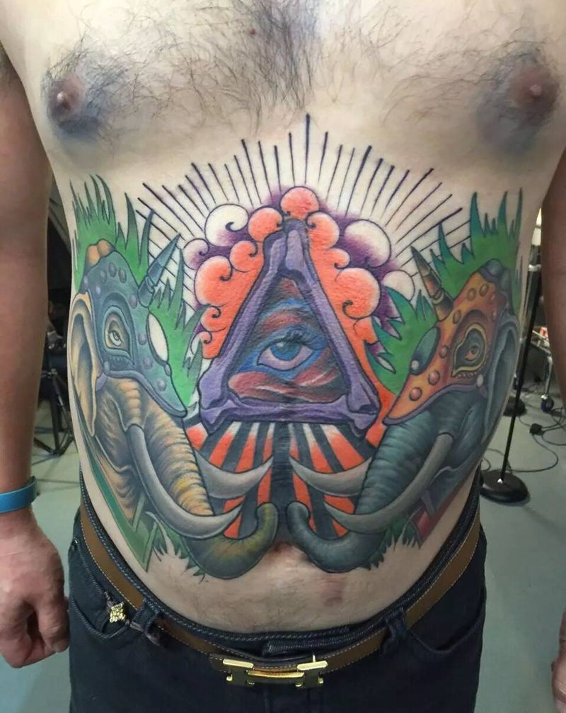 象神腹部遮盖疤痕纹身图片_成品胸部腰部背部腹部传统国画鬼神动物原创纹身图案
