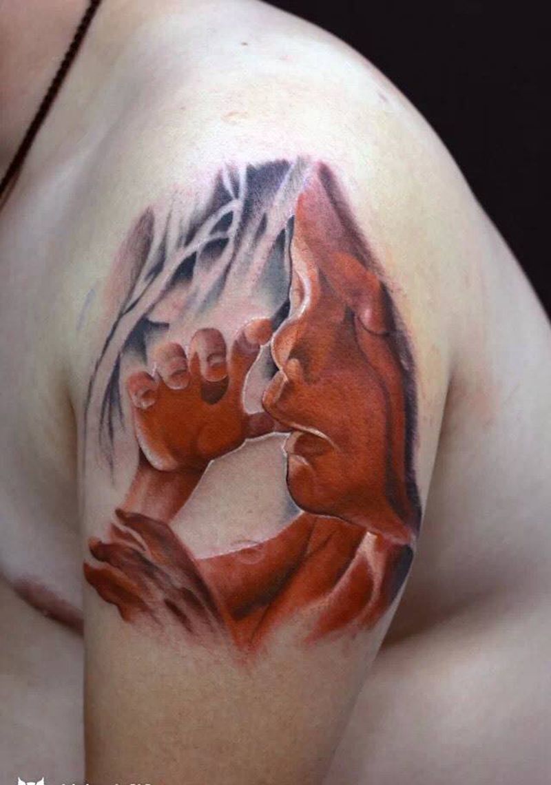 求子纹身纹身图片_手部肩部成品欧美写实人物宗教原创手臂纹身图案